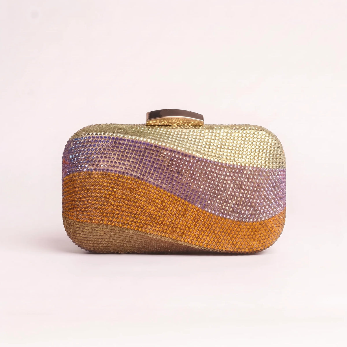 Rectangular clutch with wavy embellished bands, rounded corners and a curved clasp.