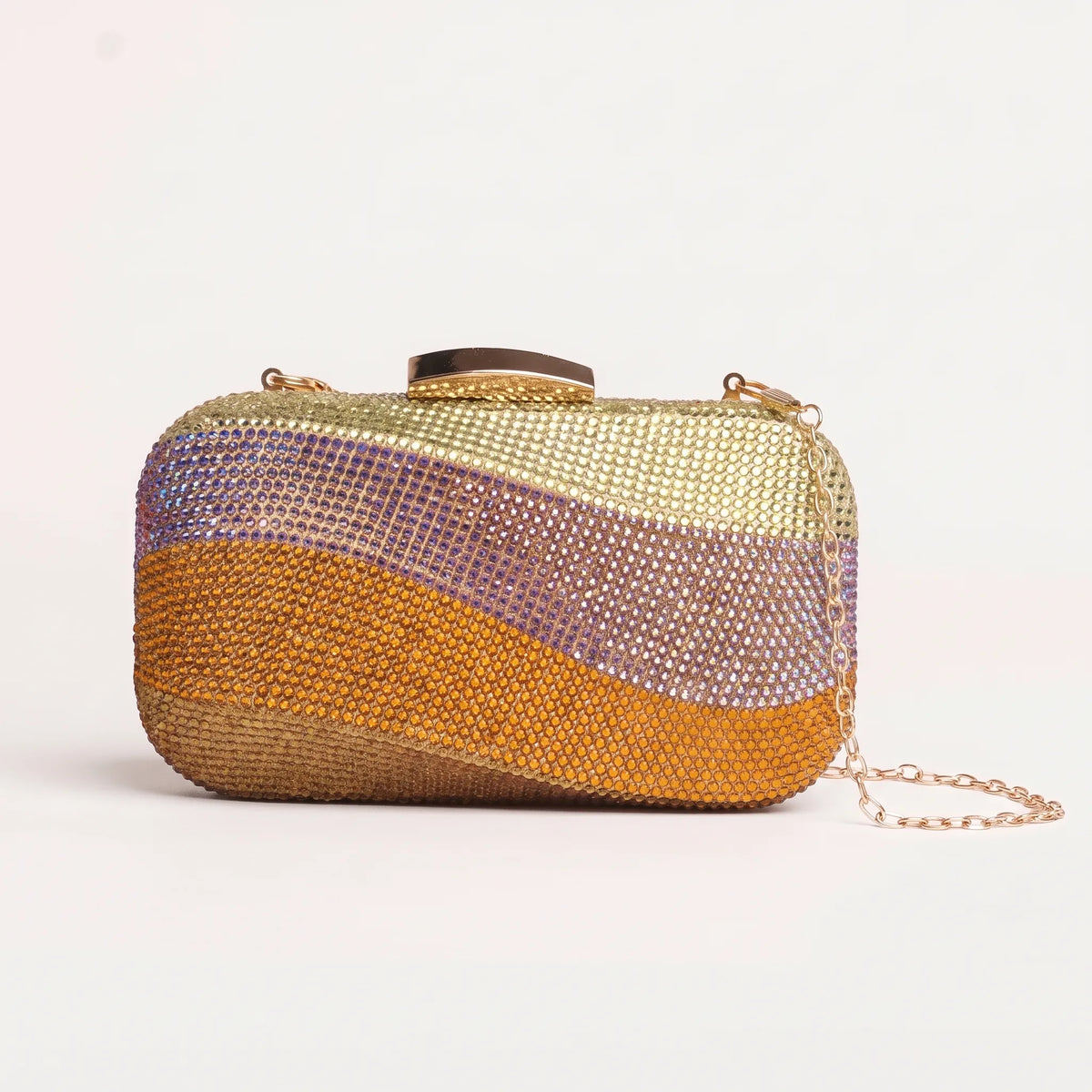 Rectangular clutch with wavy embellished bands, rounded corners and a curved clasp.