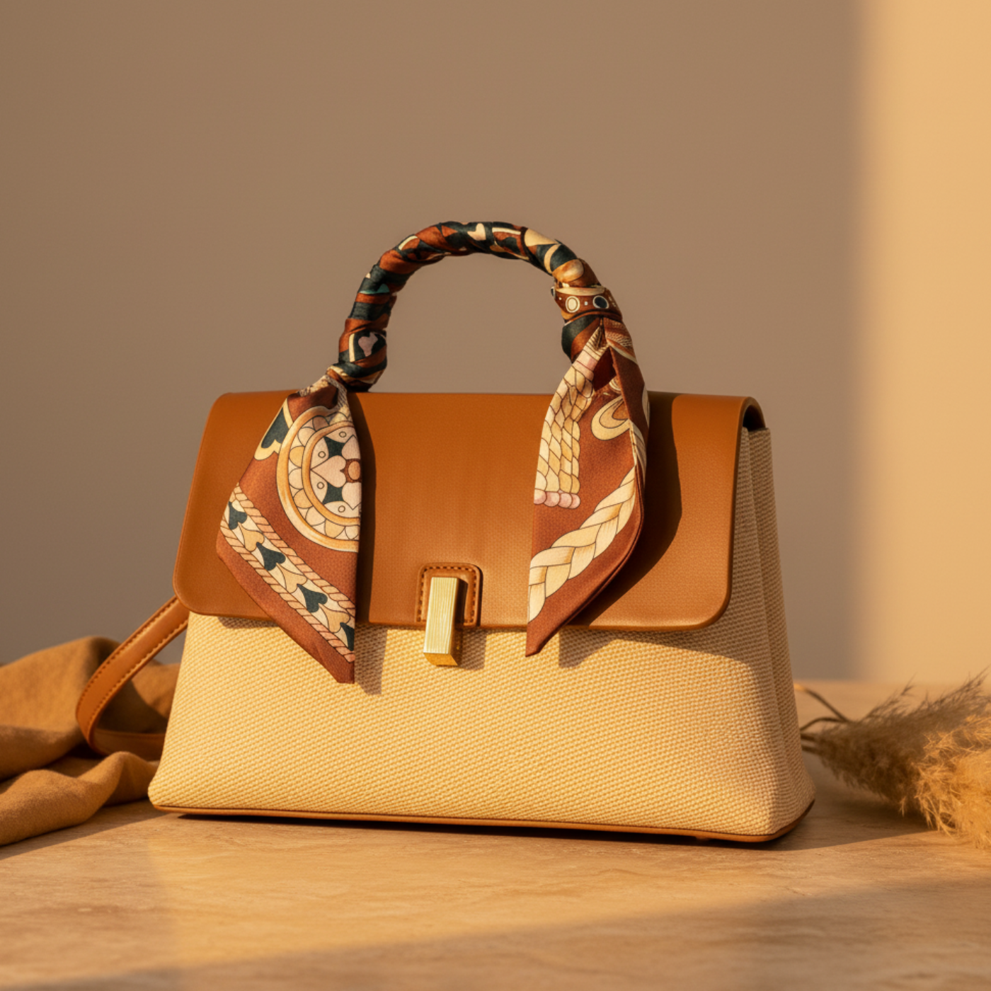 ADORO Tan Raffia Scarf Satchel – Editorial