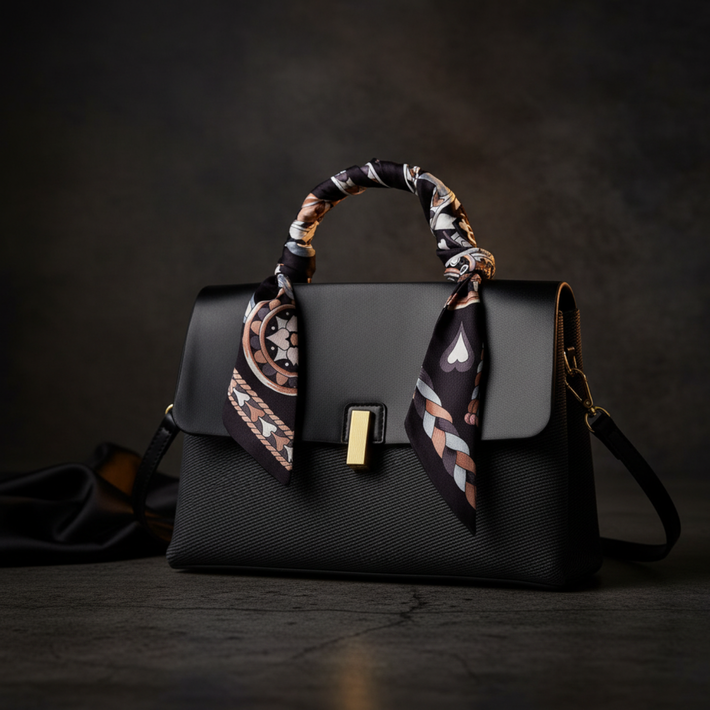 ADORO Black Raffia Scarf Satchel – Textured Background Editorial