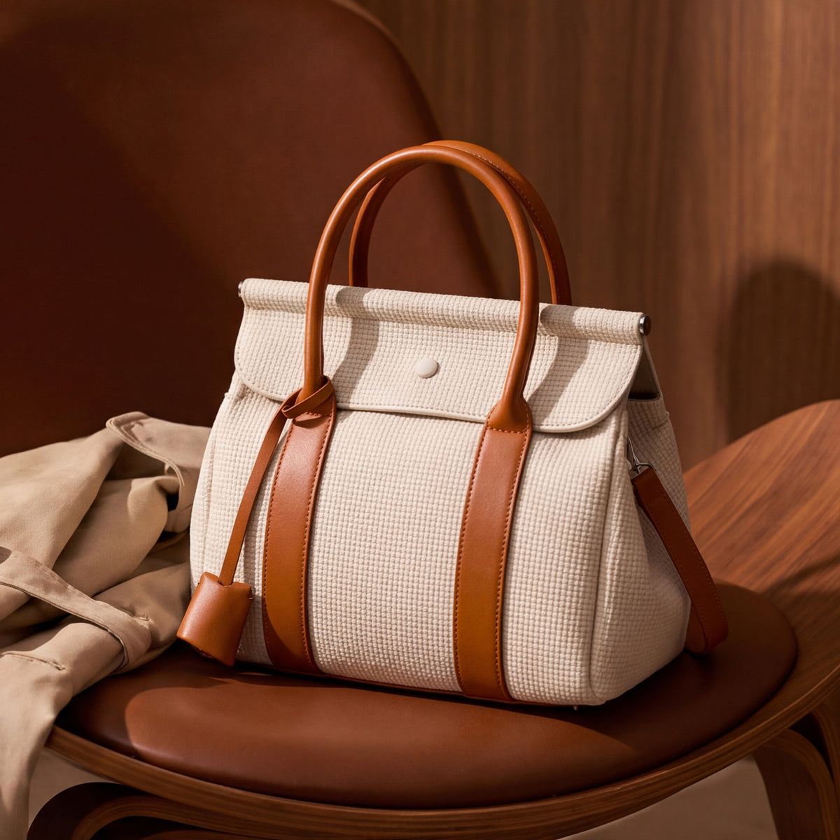 A structured white woven handbag with stylish handles and trim, resting on a brown leather.