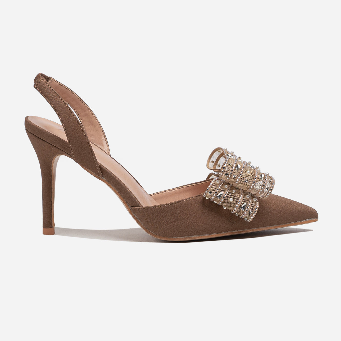 Adoro Taupe Crystal Ribbon Heel