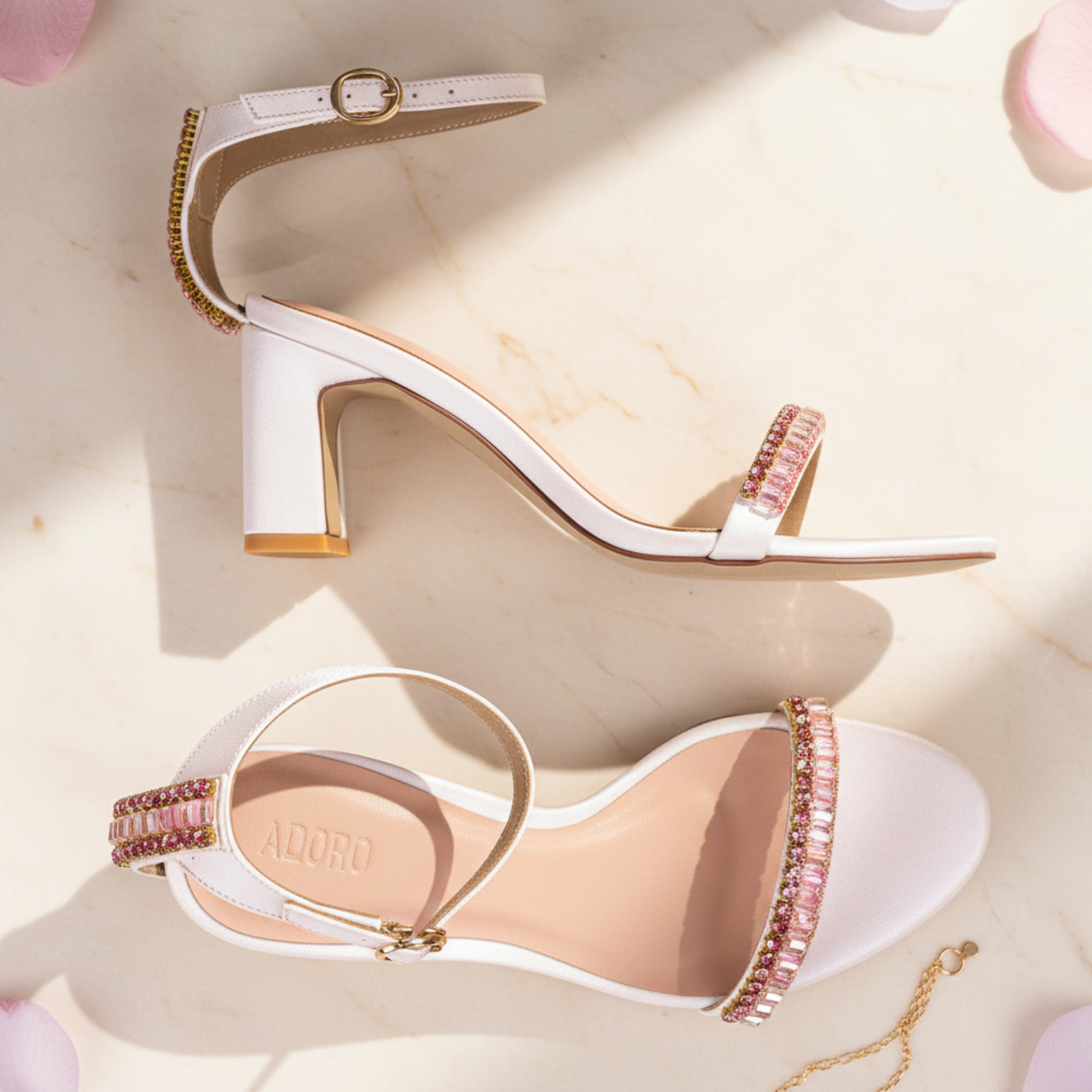 ADORO White Crystal Block Heel Sandals – Editorial