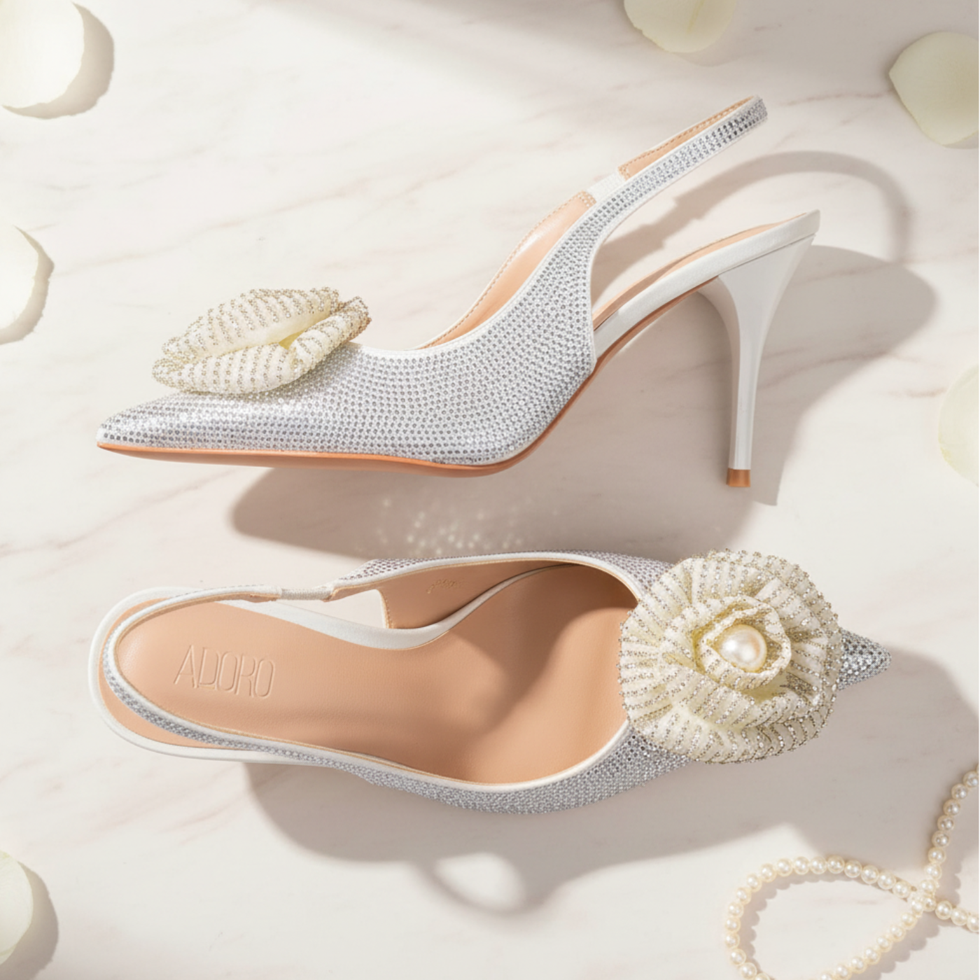 ADORO Silver Crystal Pearl Flower Slingbacks – Bridal Editorial