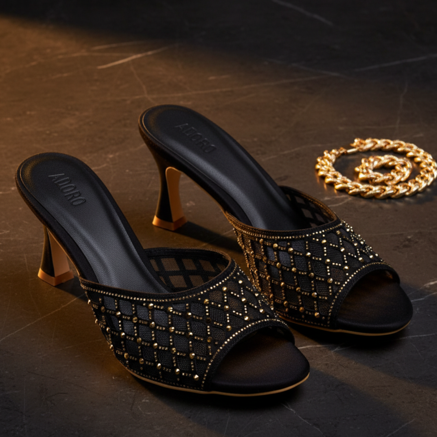 ADORO Black Gold Net Mule Heels – Beige Heel Base