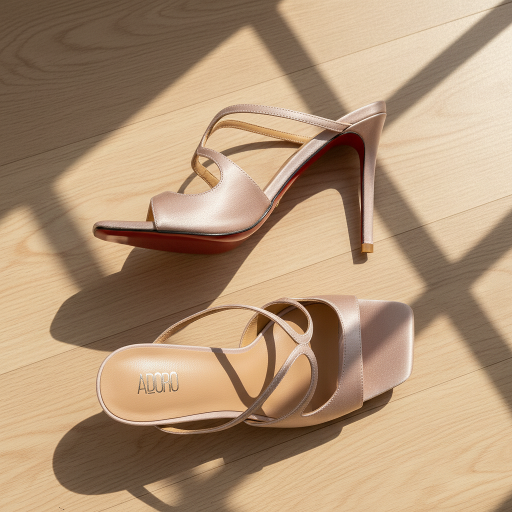 ADORO Blush Satin Heels – Wooden Floor with Window Shadow