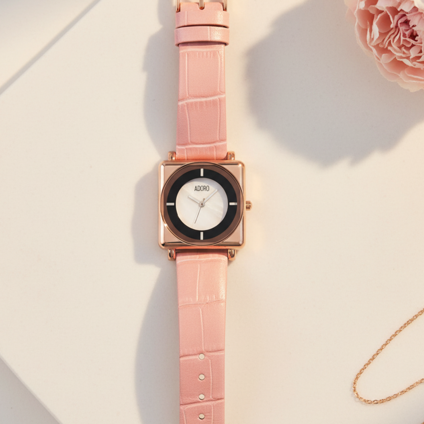 ADORO Pink Square Marble Dial Watch – Corrected Color Editorial